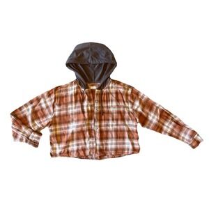 90s Style Hooded Crop Flannel Burnt Orange Brown Women's Size M